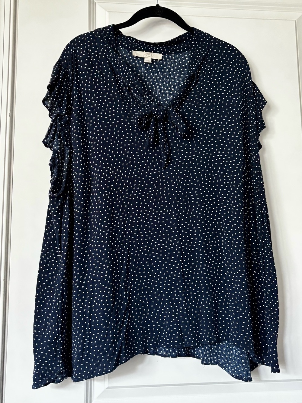LOFT Navy and White Polka Dot Tie-Neck Blouse